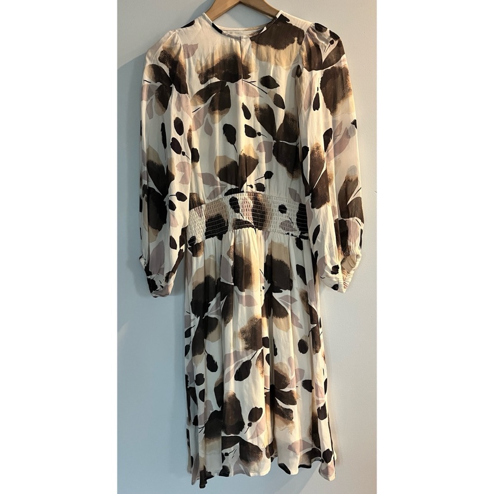 Inwear MIDI Smocked Mocha & Cream Floral Summer Dress Size 8